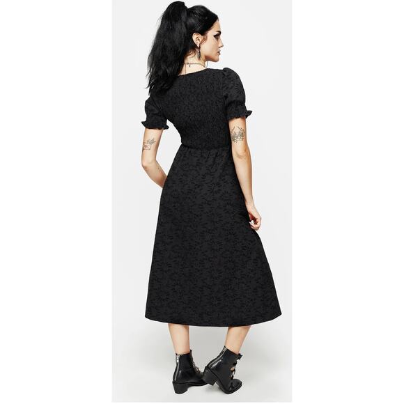Disturbia Amun Smocked Midi Dress Floral Jacquard Womens Size 6 UK 10 Black New - Picture 3 of 14